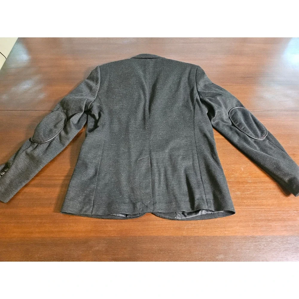Zara Man Blazer Jacket Mens 44 Gray Herringbone Elbow Patches Sport Coat